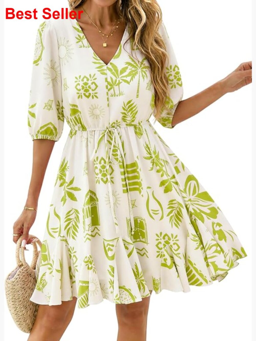 Viscose Polyamide Boho Dress V-Neck Short Sleeve Ruffle Hem Casual